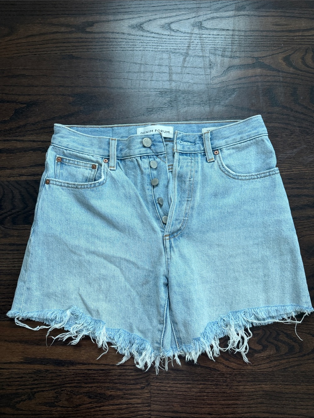 Aritzia Light Blue High-Rise Button-Fly Frayed Hem Denim Shorts